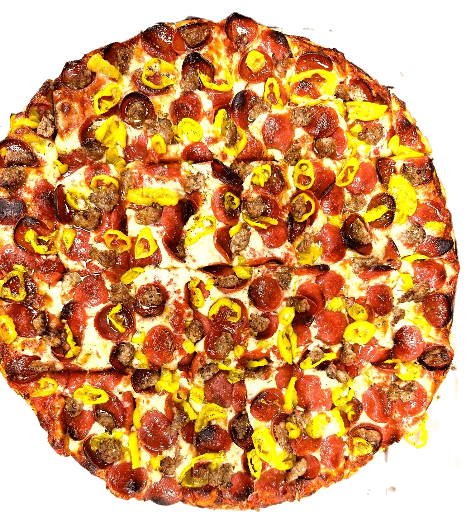 Antolino's sausage, pepperoni, and banana pepper pizza, cut tavern-style into squares